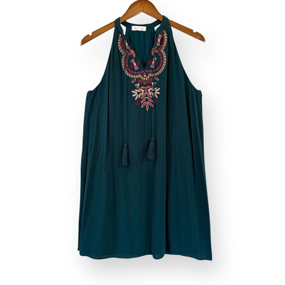 THML Embroidered Halter Dress M Green Floral A-Line Sleeveless Tassels Boho